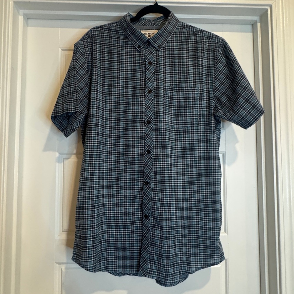 Y2K Billabong Button Down Mens Large Blue Plaid Short Sleeve Stretch Surf Skate